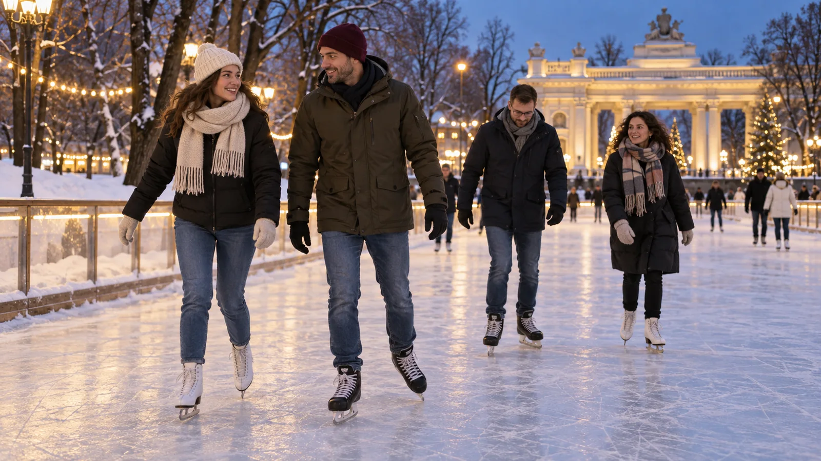 Друзья катаются на коньках в московском парке зимним вечером