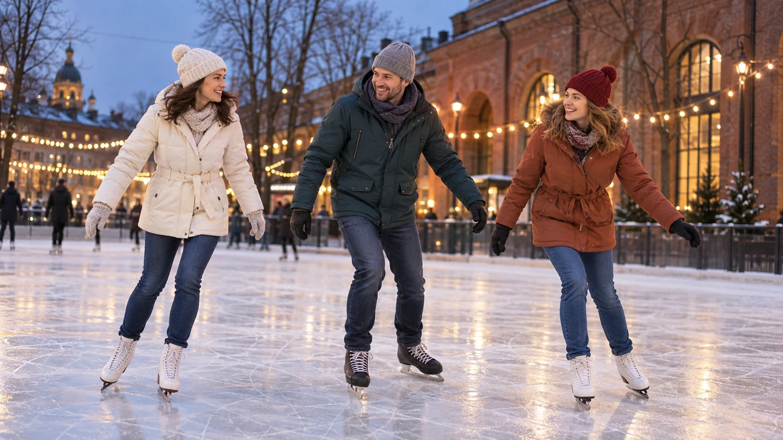 Des amis sur une patinoire en soirée parmi les bâtiments en briques de Saint-Pétersbourg